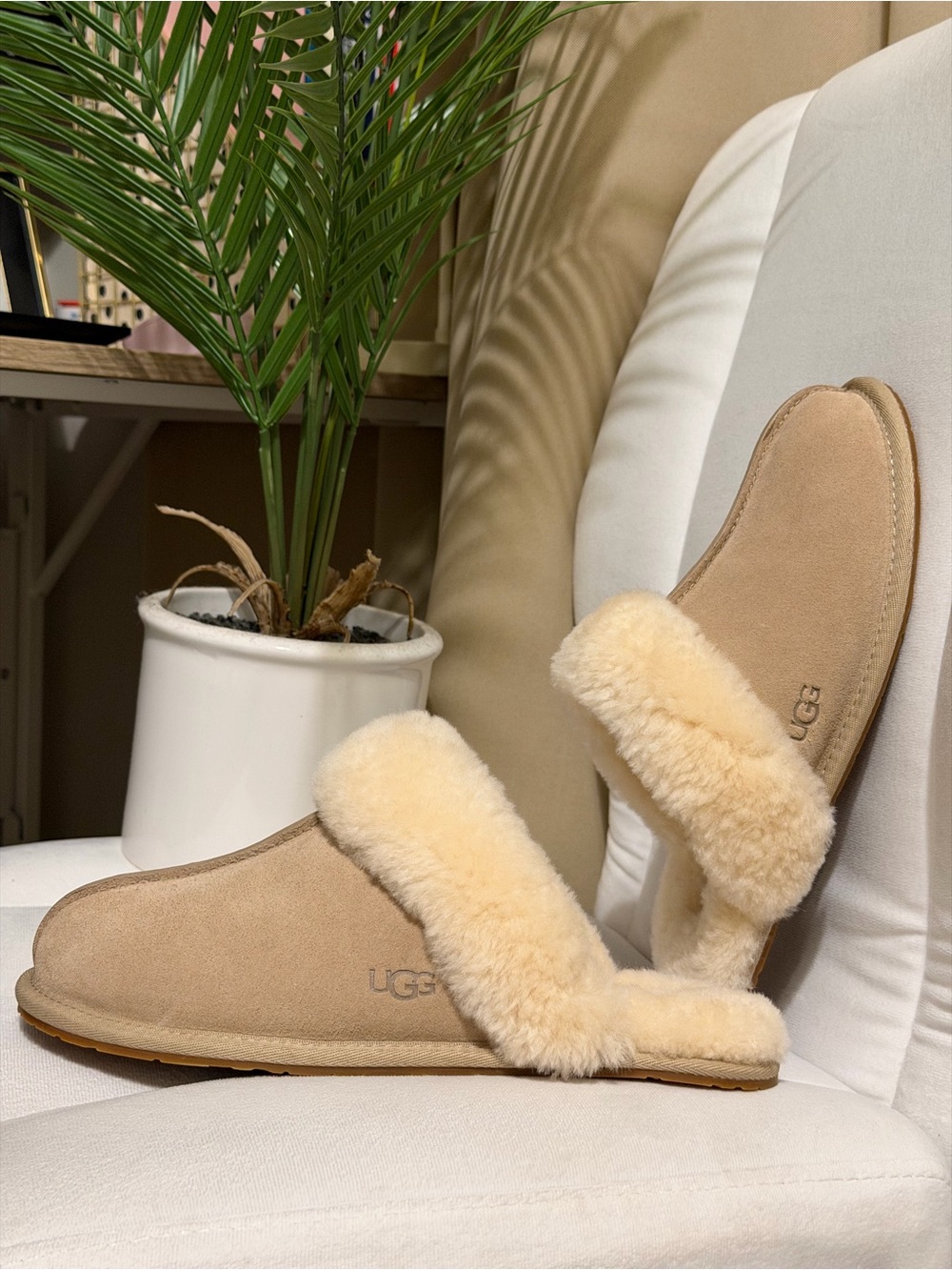 UGG Women's Chestnut Suede Shearling Slippers with Cream Fur Trim